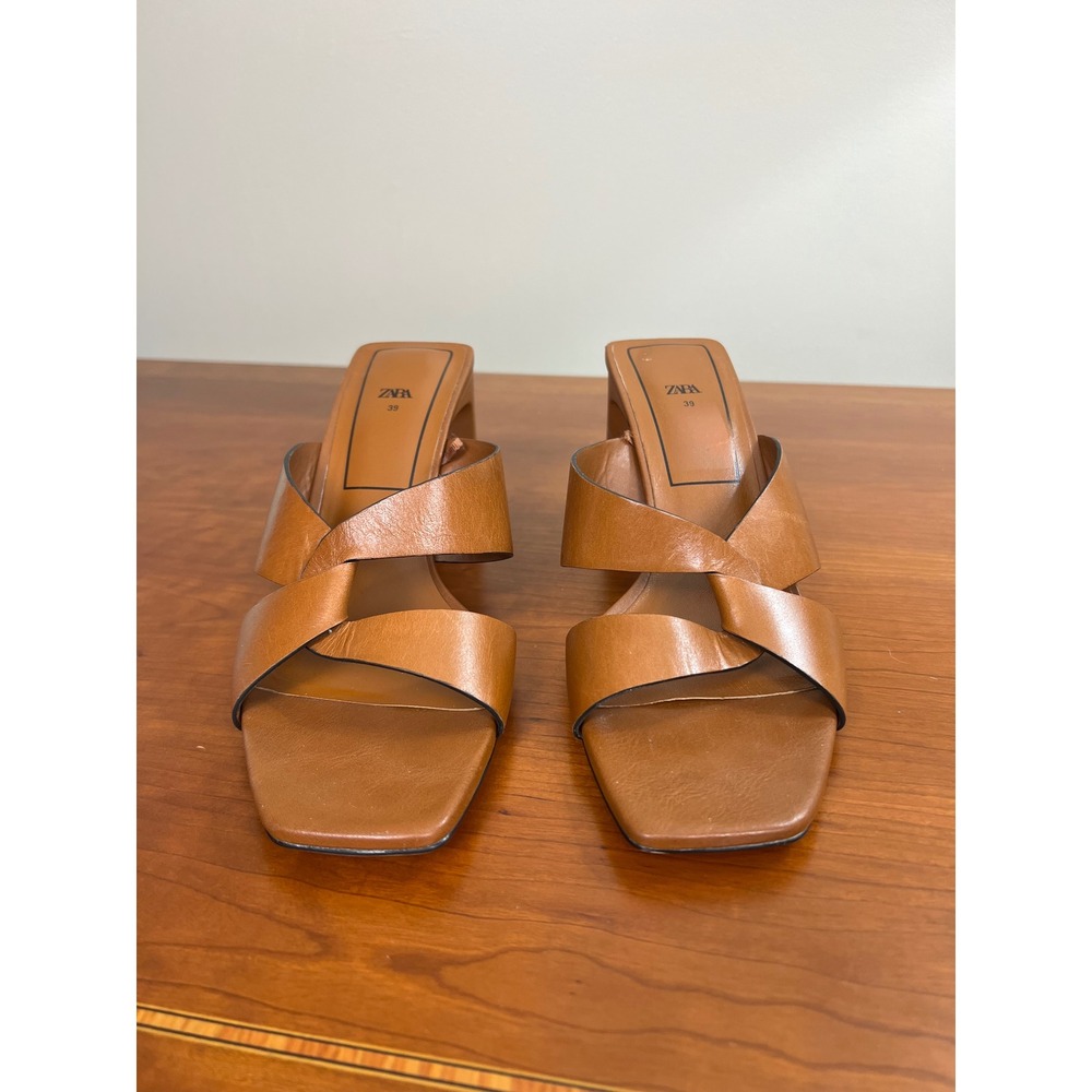 Zara Tan Leather Block Heel Sandals Square Toe Crisscross Mule Cognac Brown 39 - Picture 1 of 6
